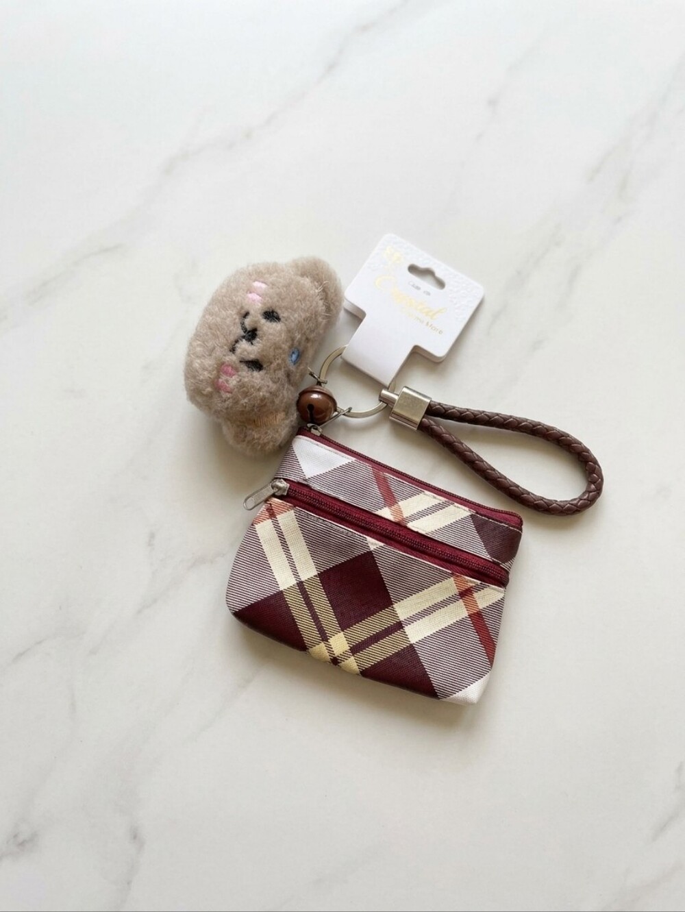 Plaid Coin Purse & Fuzzy Bear Keychain Set | Zip Wallet Bag Charm